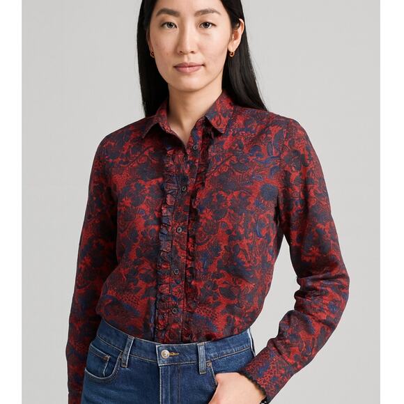 J.Crew Collection SZ 18 Scallop-Ruffle Perfect Shirt in Ratti Poinsettia Paisley - Picture 1 of 5
